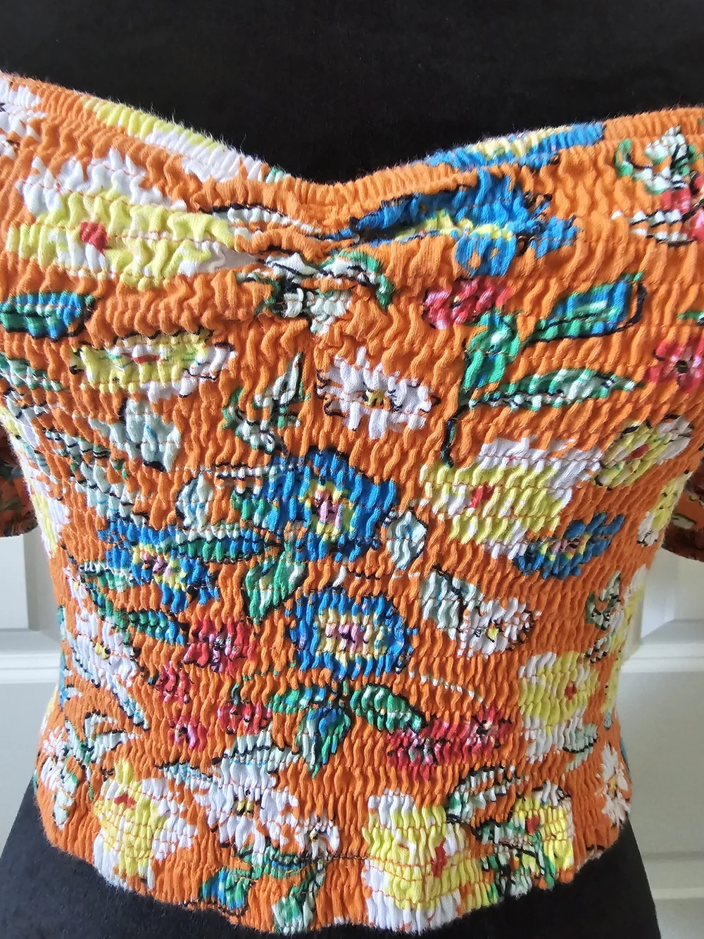 Zara Floral Crop Top  Smocked On or Off Shoulder Orange Multi Boho Western Sz L - Picture 5 of 12
